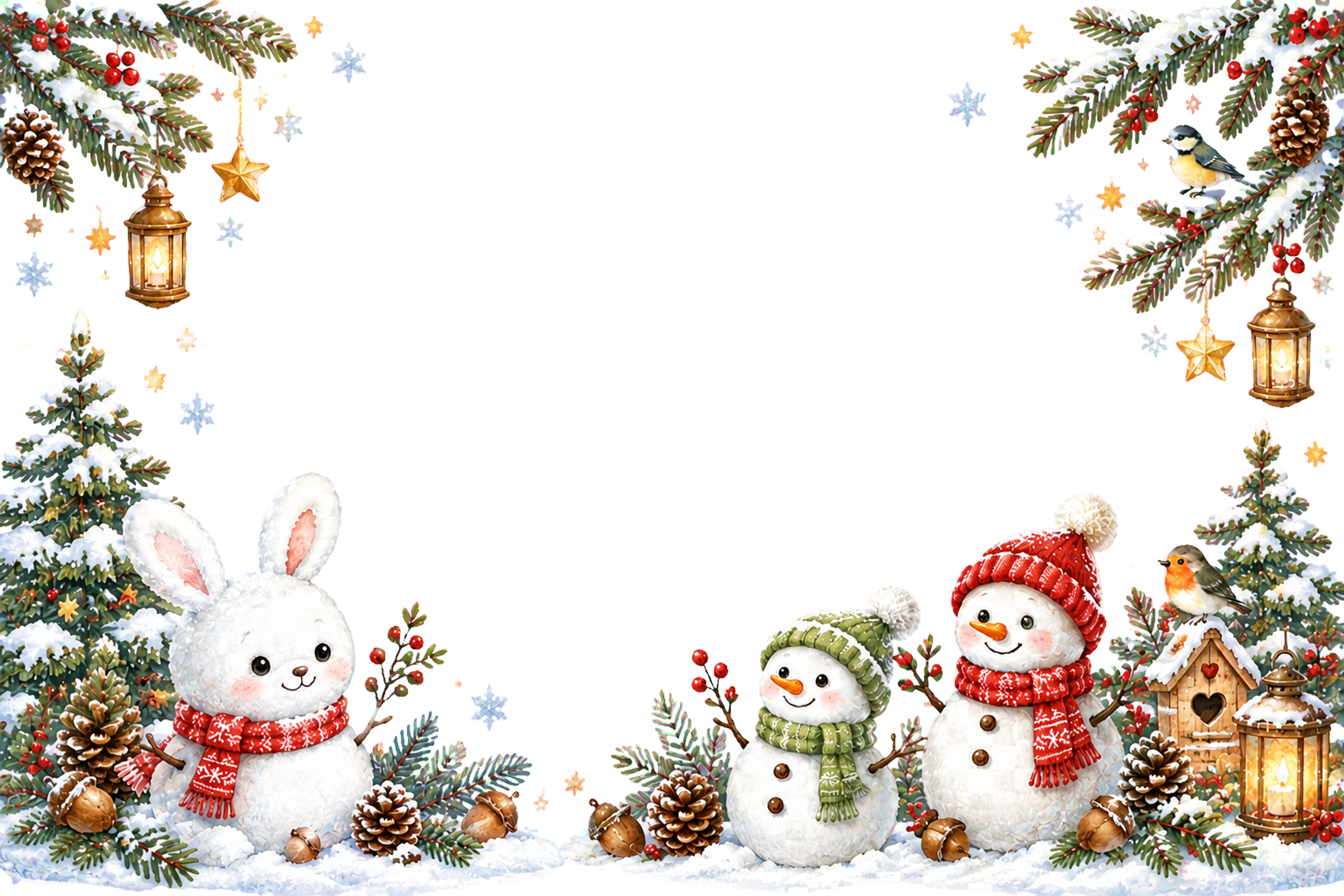 かわいい雪うさぎと雪だるまのクリスマスメッセージカード｜無料フレームイラスト96429に写真・文字を入れる