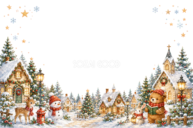 かわいい雪明かりの村のクリスマスメッセージカード｜無料フレームイラスト96430