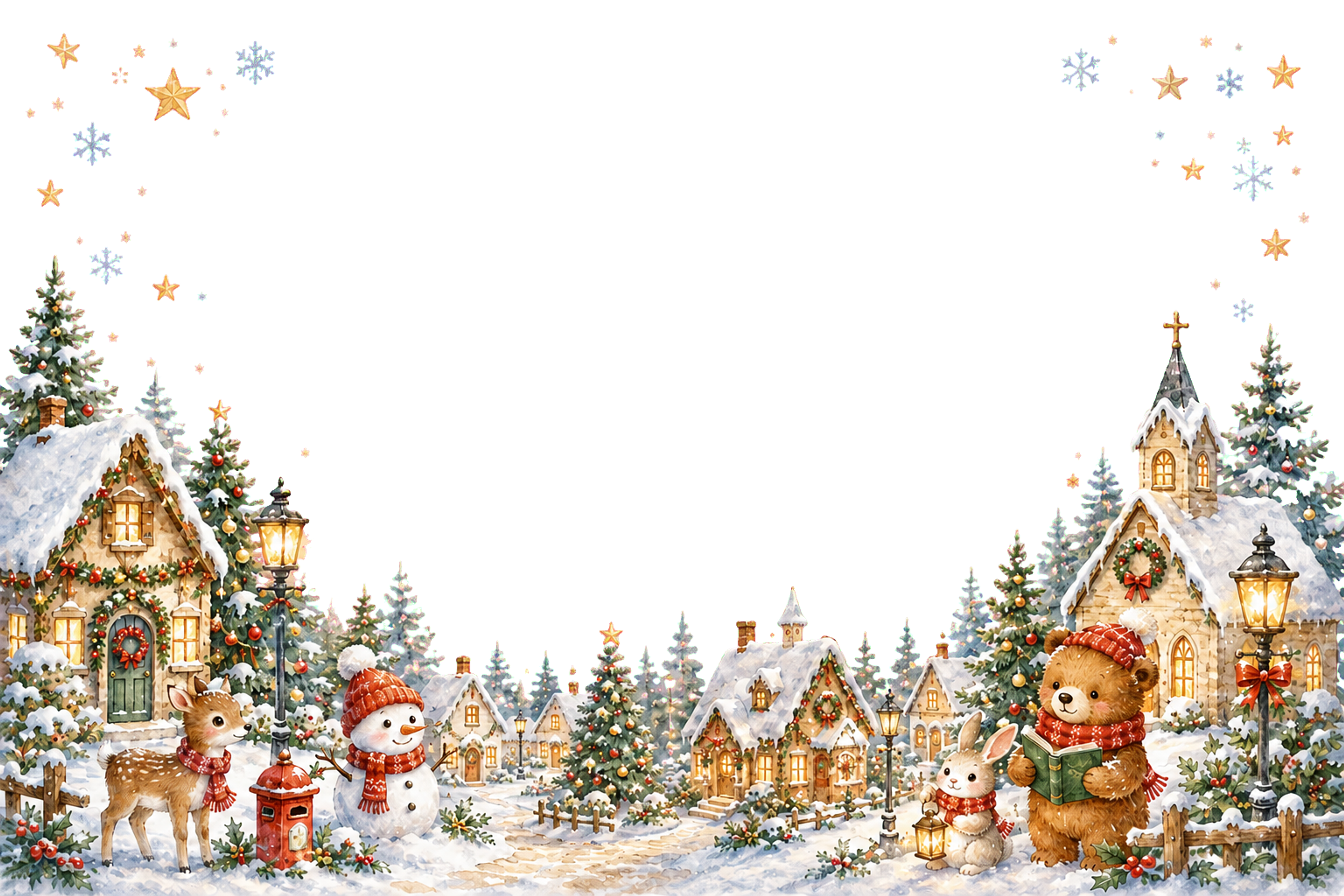 かわいい雪明かりの村のクリスマスメッセージカード｜無料フレームイラスト96430に写真・文字を入れる
