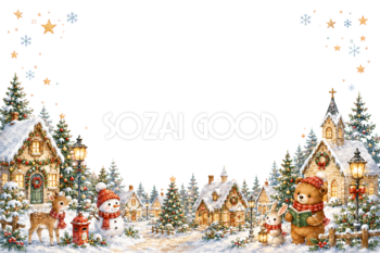かわいい雪明かりの村のクリスマスメッセージカード｜無料フレームイラスト96430