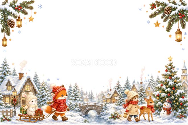 雪の村の朝を描いたかわいいクリスマスメッセージカード|無料フレームイラスト96431