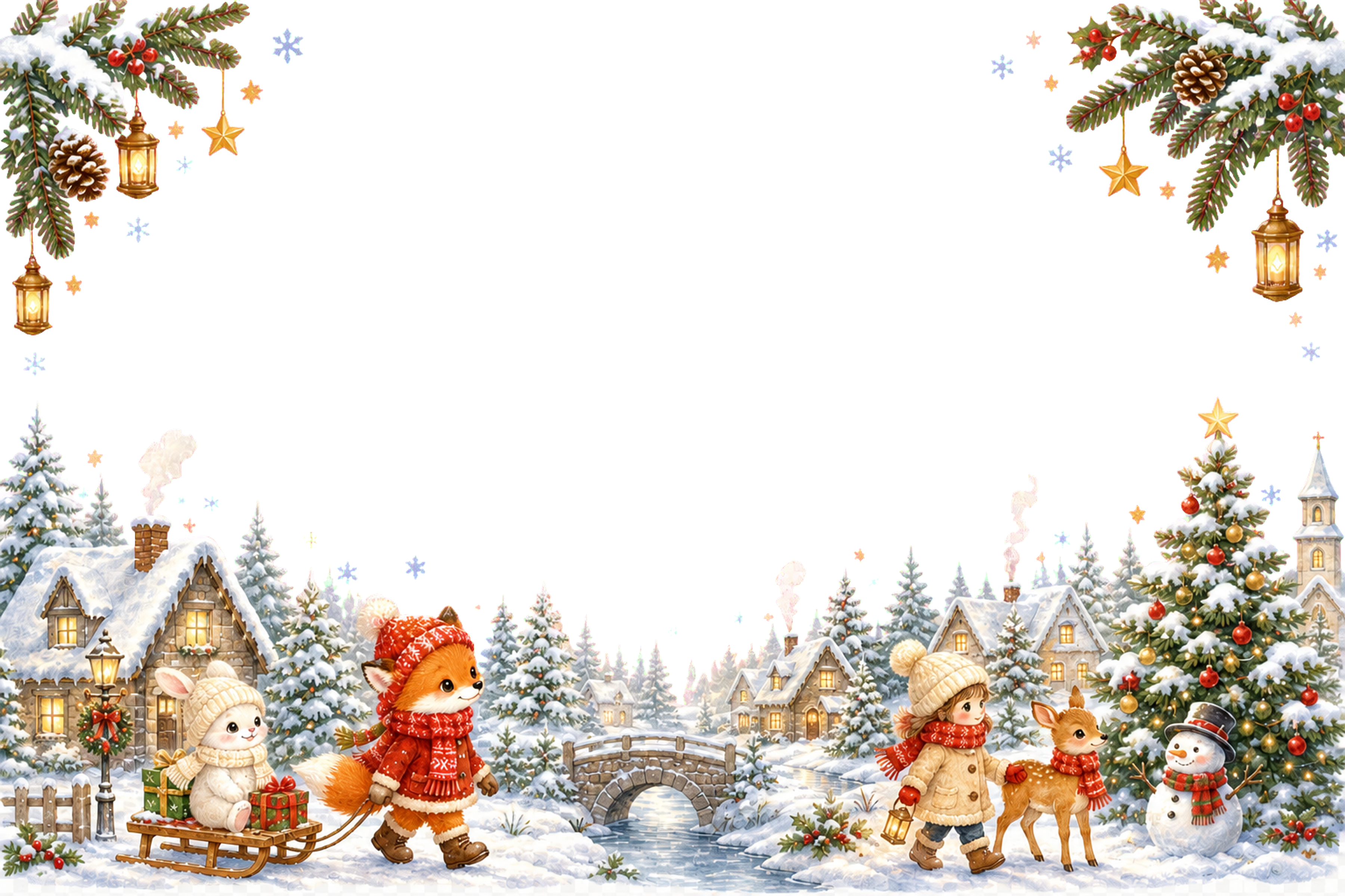 雪の村の朝を描いたかわいいクリスマスメッセージカード｜無料フレームイラスト96431に写真・文字を入れる