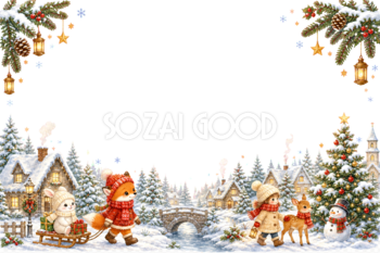 雪の村の朝を描いたかわいいクリスマスメッセージカード｜無料フレームイラスト96431