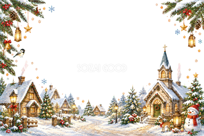かわいい教会と雪景色のクリスマスメッセージカード|無料フレームイラスト96432
