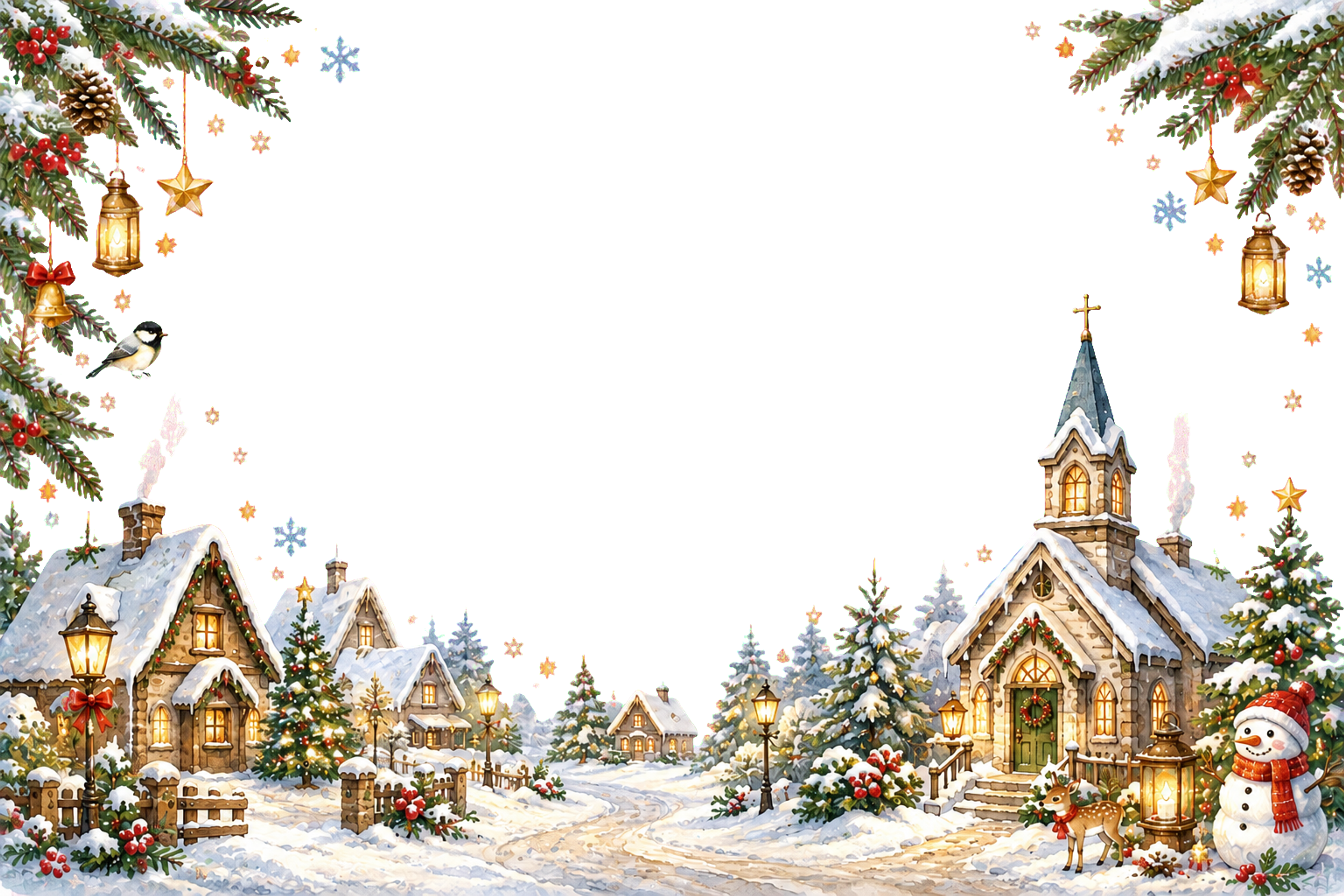 かわいい教会と雪景色のクリスマスメッセージカード｜無料フレームイラスト96432に写真・文字を入れる