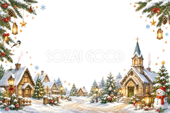 かわいい教会と雪景色のクリスマスメッセージカード｜無料フレームイラスト96432