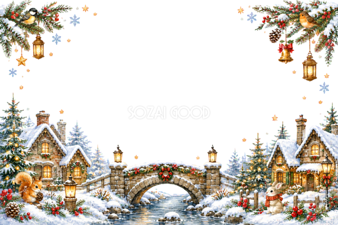 かわいい石橋と雪の家並みのクリスマスメッセージカード|無料フレームイラスト96433