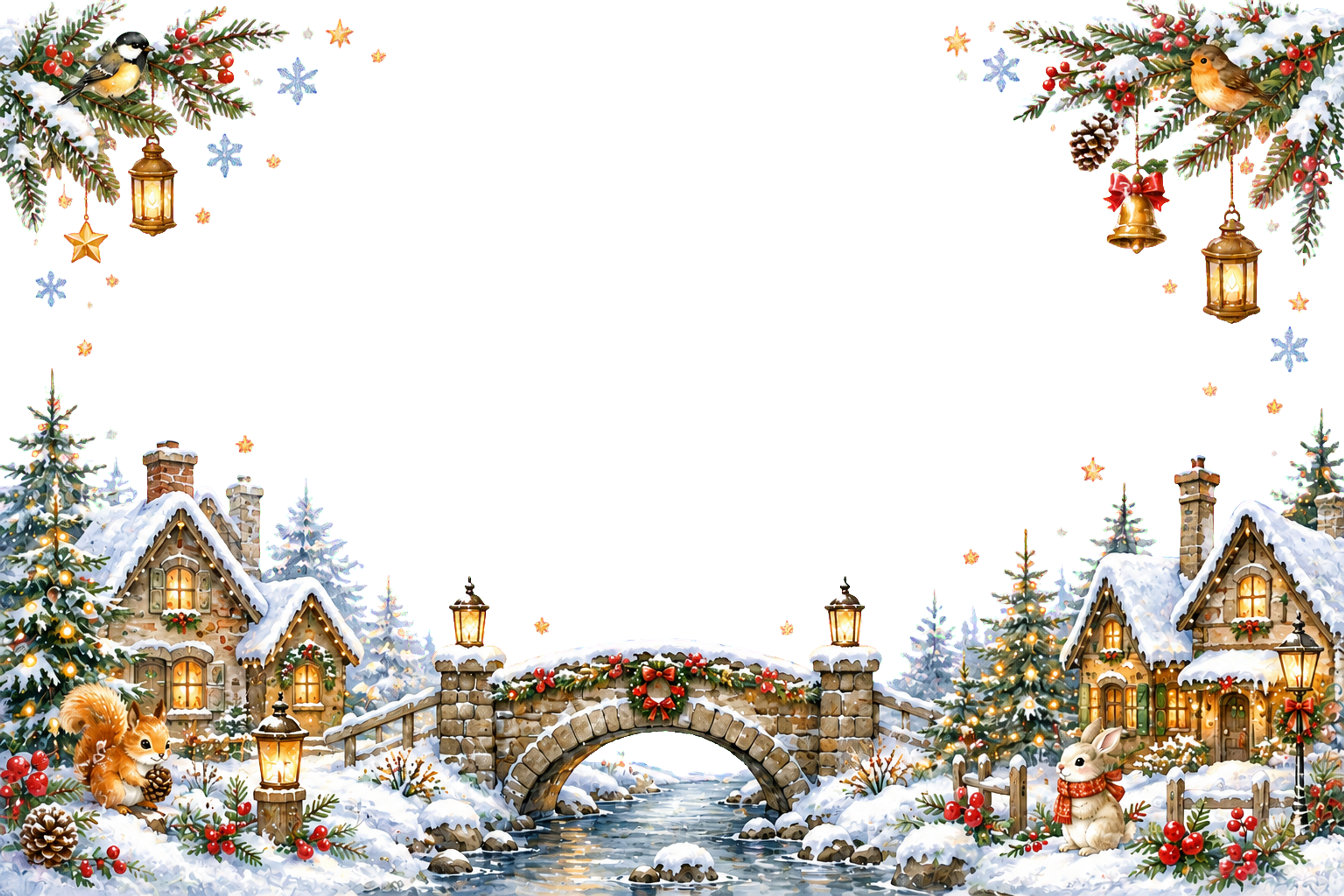 かわいい石橋と雪の家並みのクリスマスメッセージカード｜無料フレームイラスト96433に写真・文字を入れる
