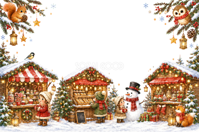 かわいい雪のマーケットのクリスマスメッセージカード|無料フレームイラスト96434