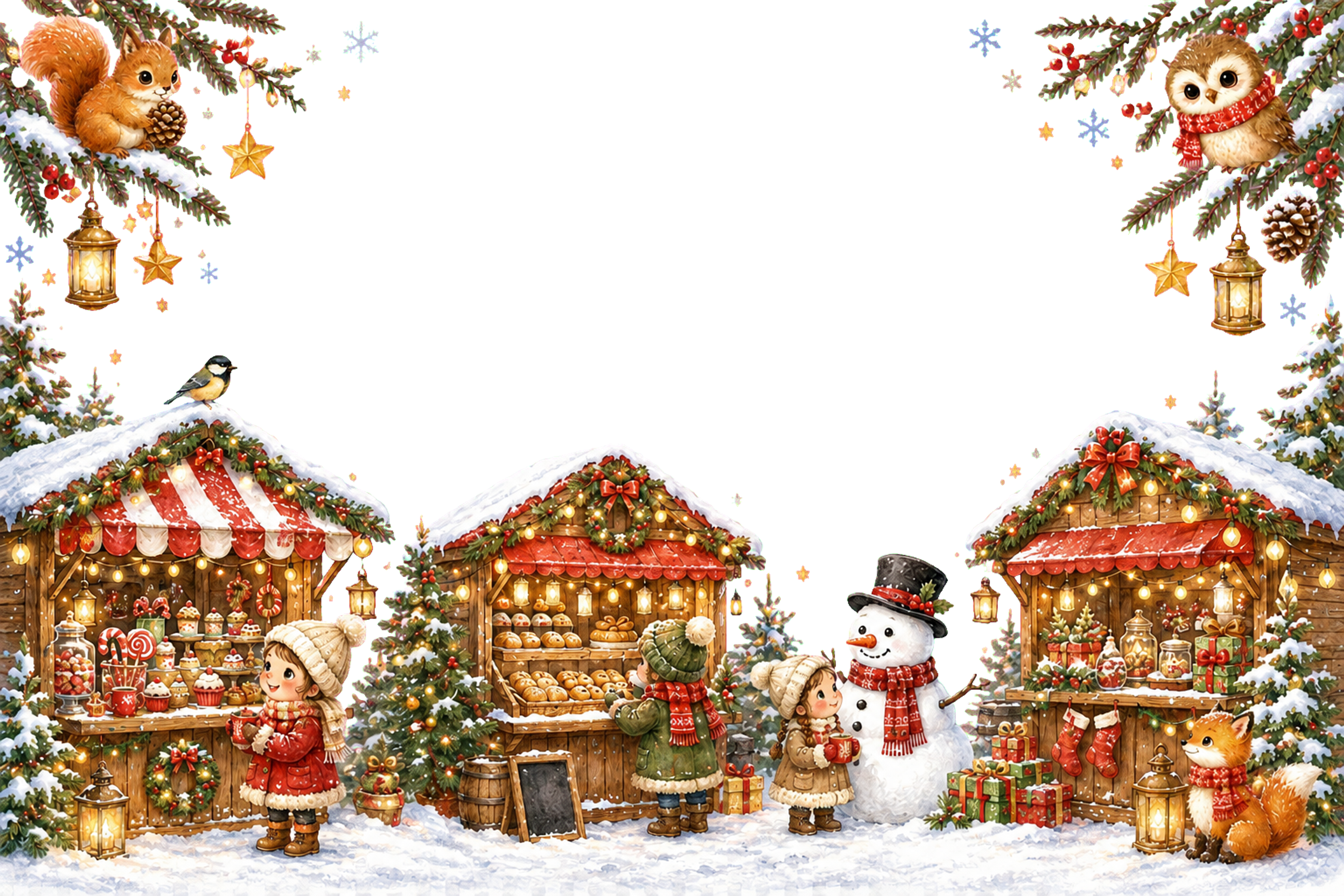 かわいい雪のマーケットのクリスマスメッセージカード｜無料フレームイラスト96434に写真・文字を入れる