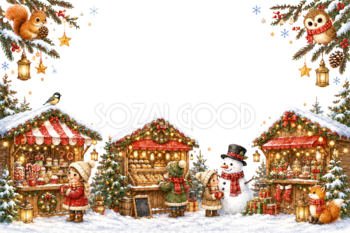 かわいい雪のマーケットのクリスマスメッセージカード｜無料フレームイラスト96434