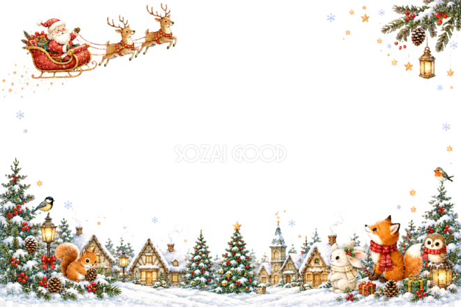 かわいいサンタのそりと雪の村のクリスマスメッセージカード|無料フレームイラスト96435