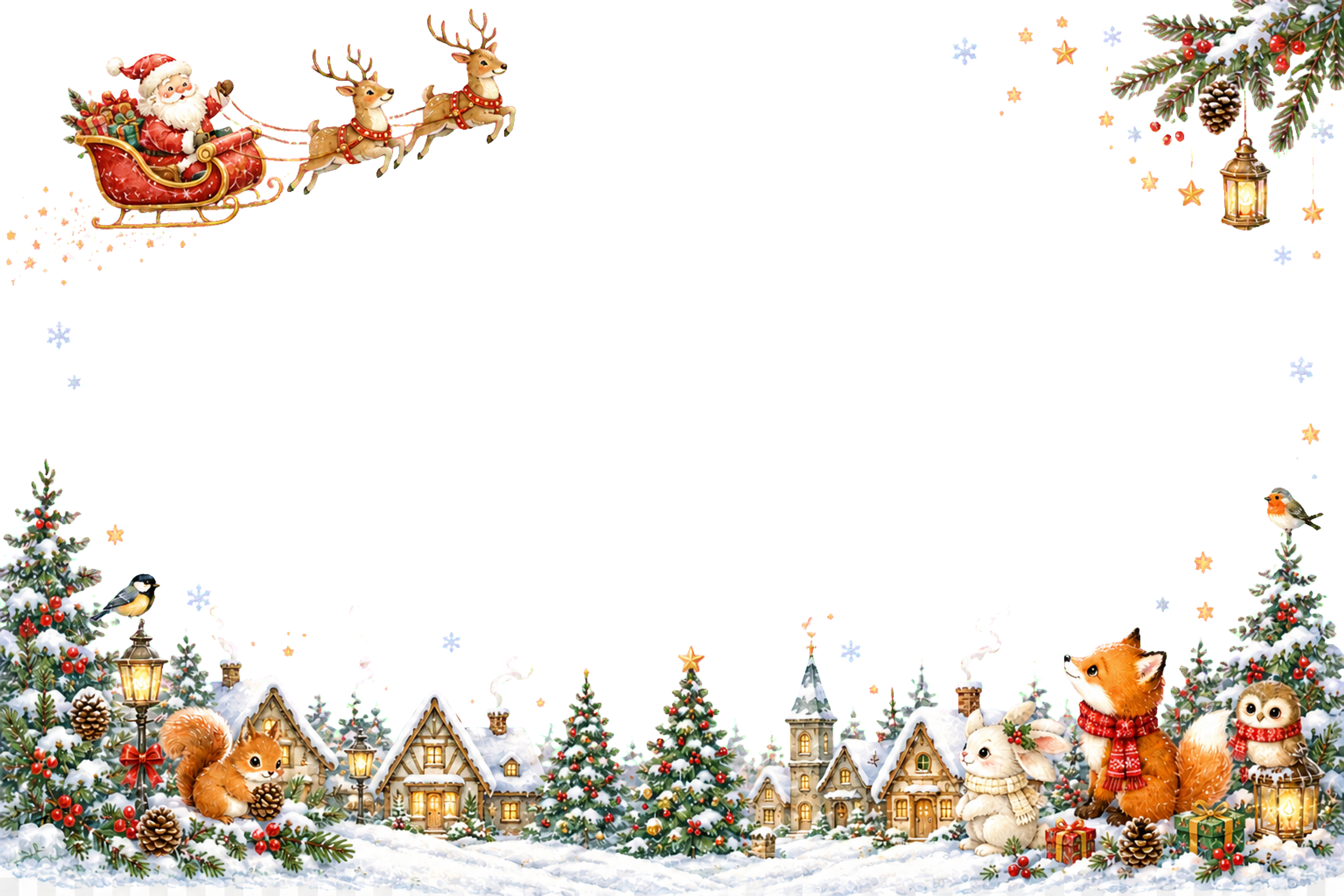 かわいいサンタのそりと雪の村のクリスマスメッセージカード｜無料フレームイラスト96435に写真・文字を入れる