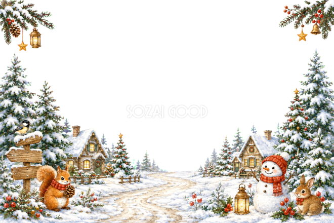 かわいい森の小道と雪のコテージのクリスマスメッセージカード|無料フレームイラスト96436