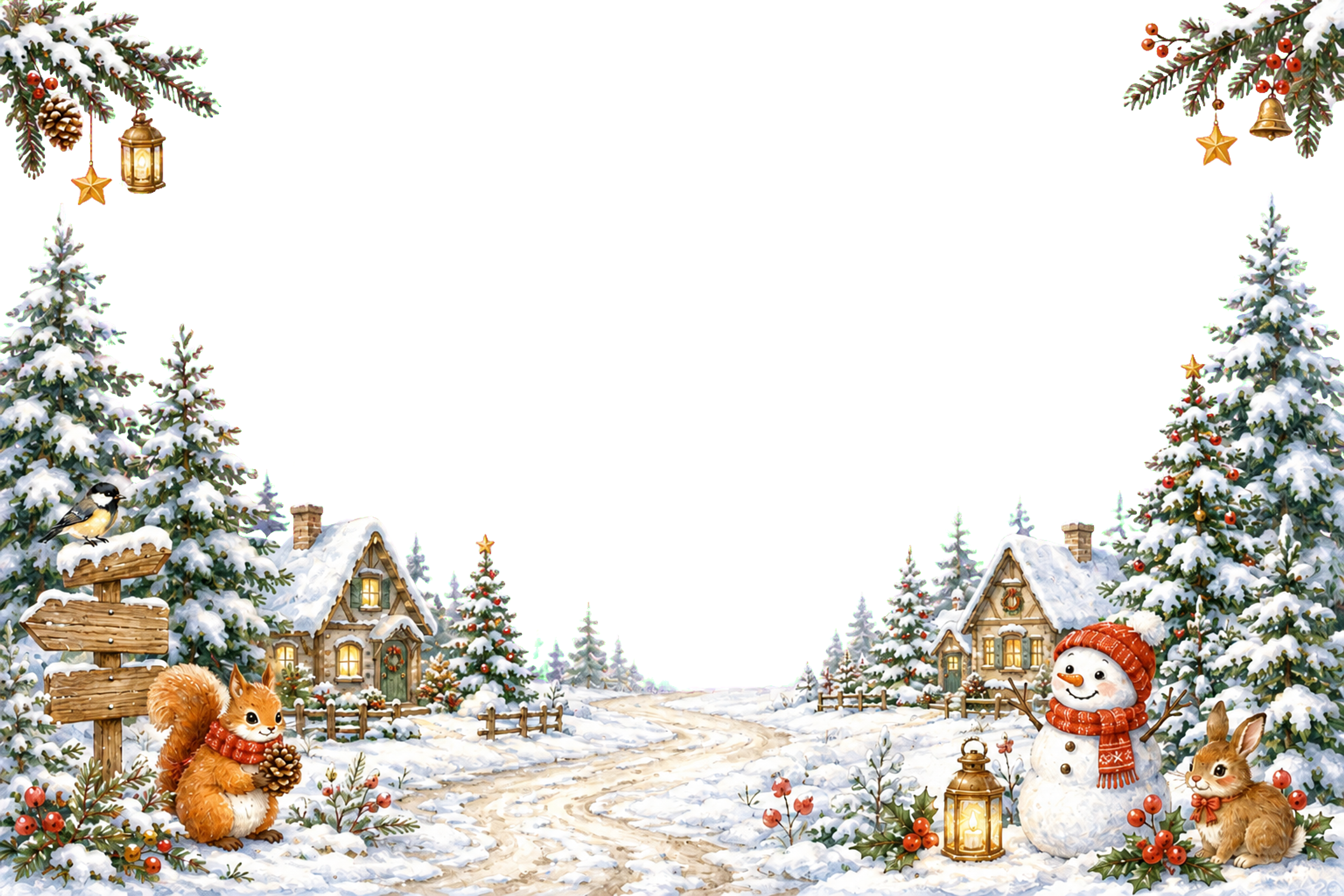 かわいい森の小道と雪のコテージのクリスマスメッセージカード｜無料フレームイラスト96436に写真・文字を入れる