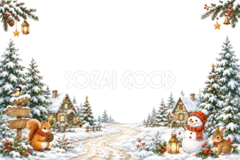 かわいい森の小道と雪のコテージのクリスマスメッセージカード｜無料フレームイラスト96436