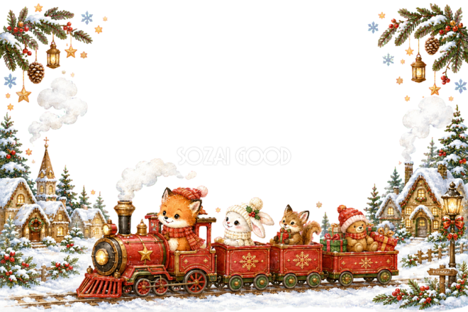 かわいい赤い汽車と動物のクリスマスメッセージカード|無料フレームイラスト96437