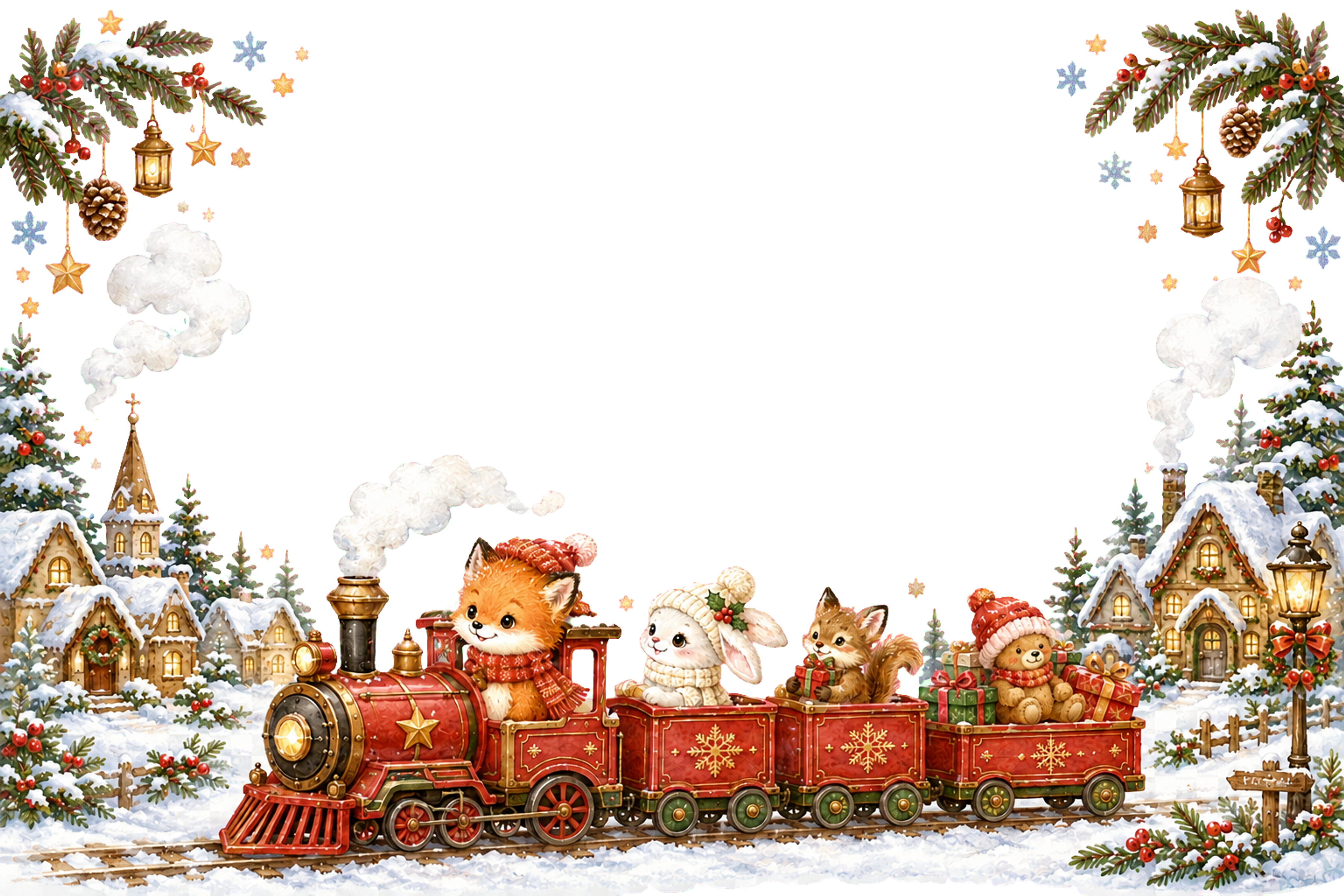かわいい赤い汽車と動物のクリスマスメッセージカード｜無料フレームイラスト96437に写真・文字を入れる