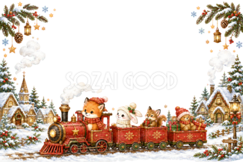 かわいい赤い汽車と動物のクリスマスメッセージカード｜無料フレームイラスト96437
