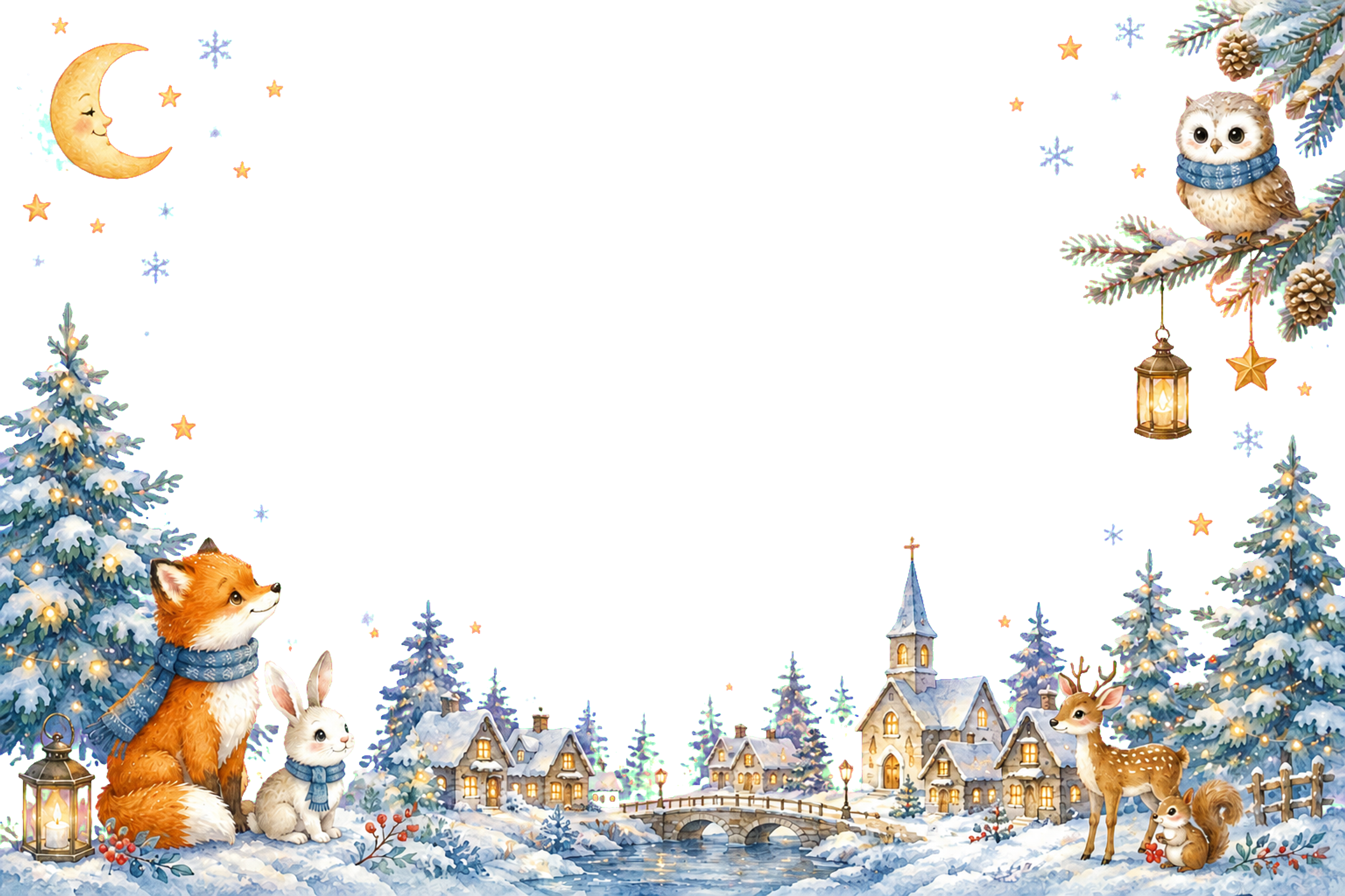 かわいい月夜と森の動物のクリスマスメッセージカード｜無料フレームイラスト96438に写真・文字を入れる