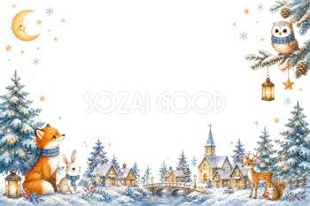 かわいい月夜と森の動物のクリスマスメッセージカード｜無料フレームイラスト96438