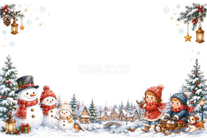かわいい雪だるまと子どもと雪の村のクリスマスメッセージカード|無料フレームイラスト96439