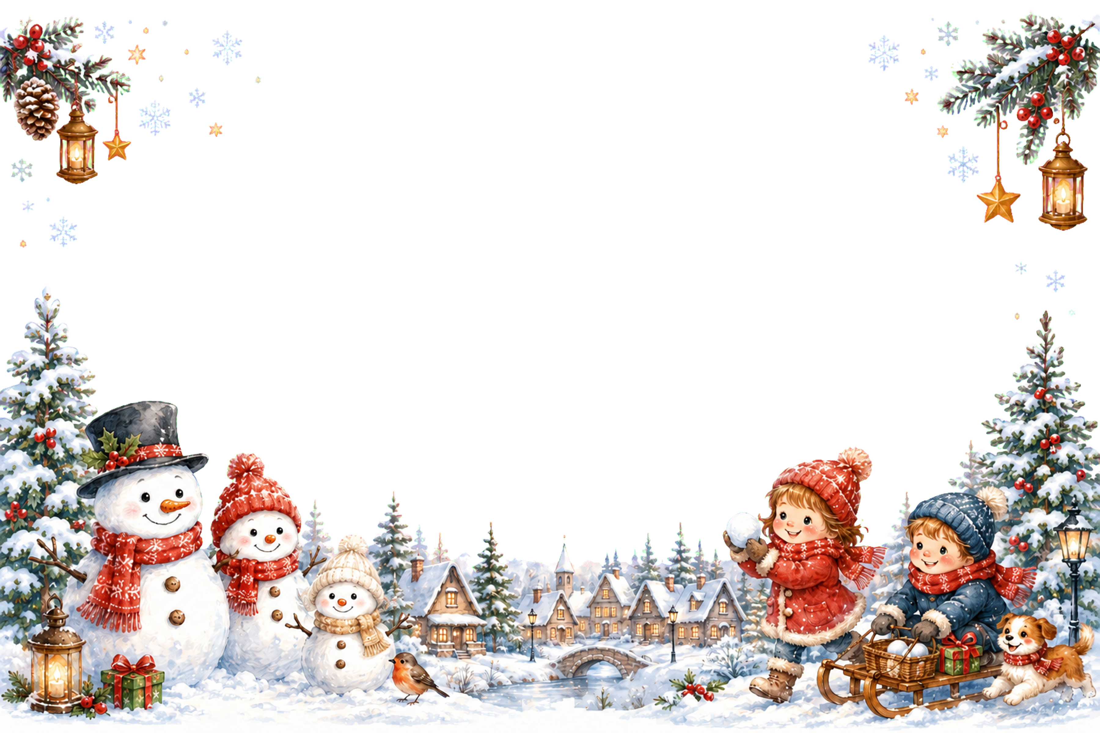 かわいい雪だるまと子どもと雪の村のクリスマスメッセージカード｜無料フレームイラスト96439に写真・文字を入れる