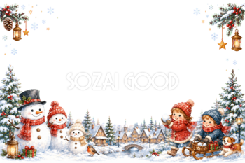 かわいい雪だるまと子どもと雪の村のクリスマスメッセージカード｜無料フレームイラスト96439