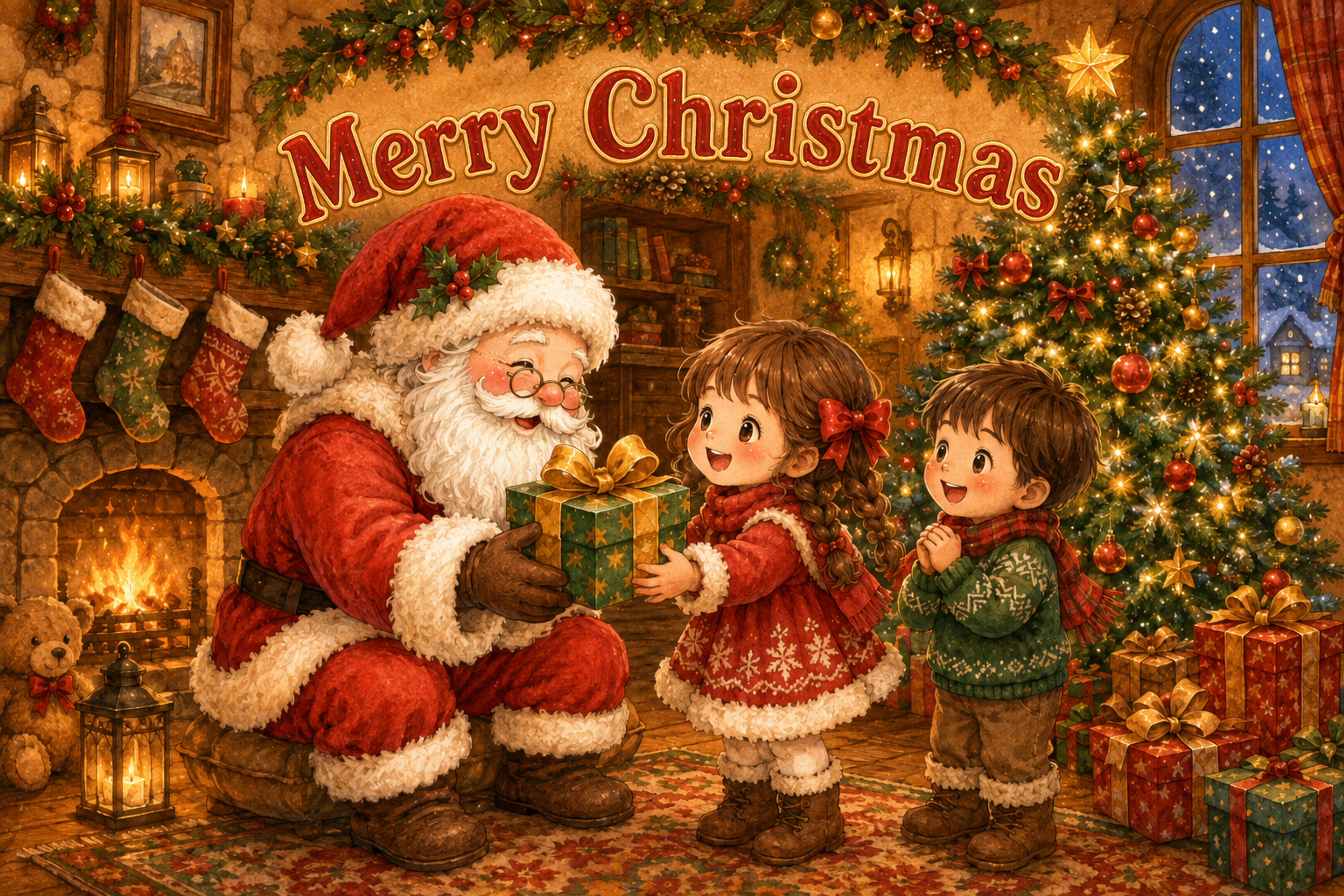 サンタと子どもの贈り物｜かわいいクリスマスメッセージカードの無料イラスト96441に写真・文字を入れる