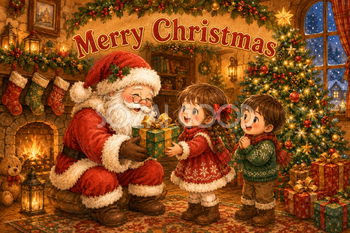 サンタと子どもの贈り物｜かわいいクリスマスメッセージカードの無料イラスト96441