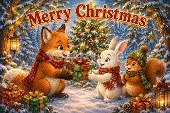 キツネ・うさぎ・リスの贈り物｜かわいいクリスマスメッセージカードの無料イラスト96442