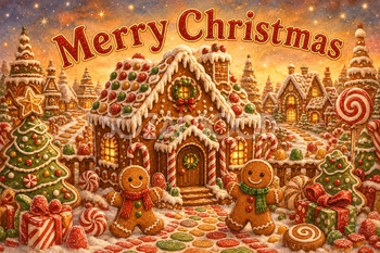 お菓子の家とジンジャーブレッド｜かわいいクリスマスメッセージカードの無料イラスト96443