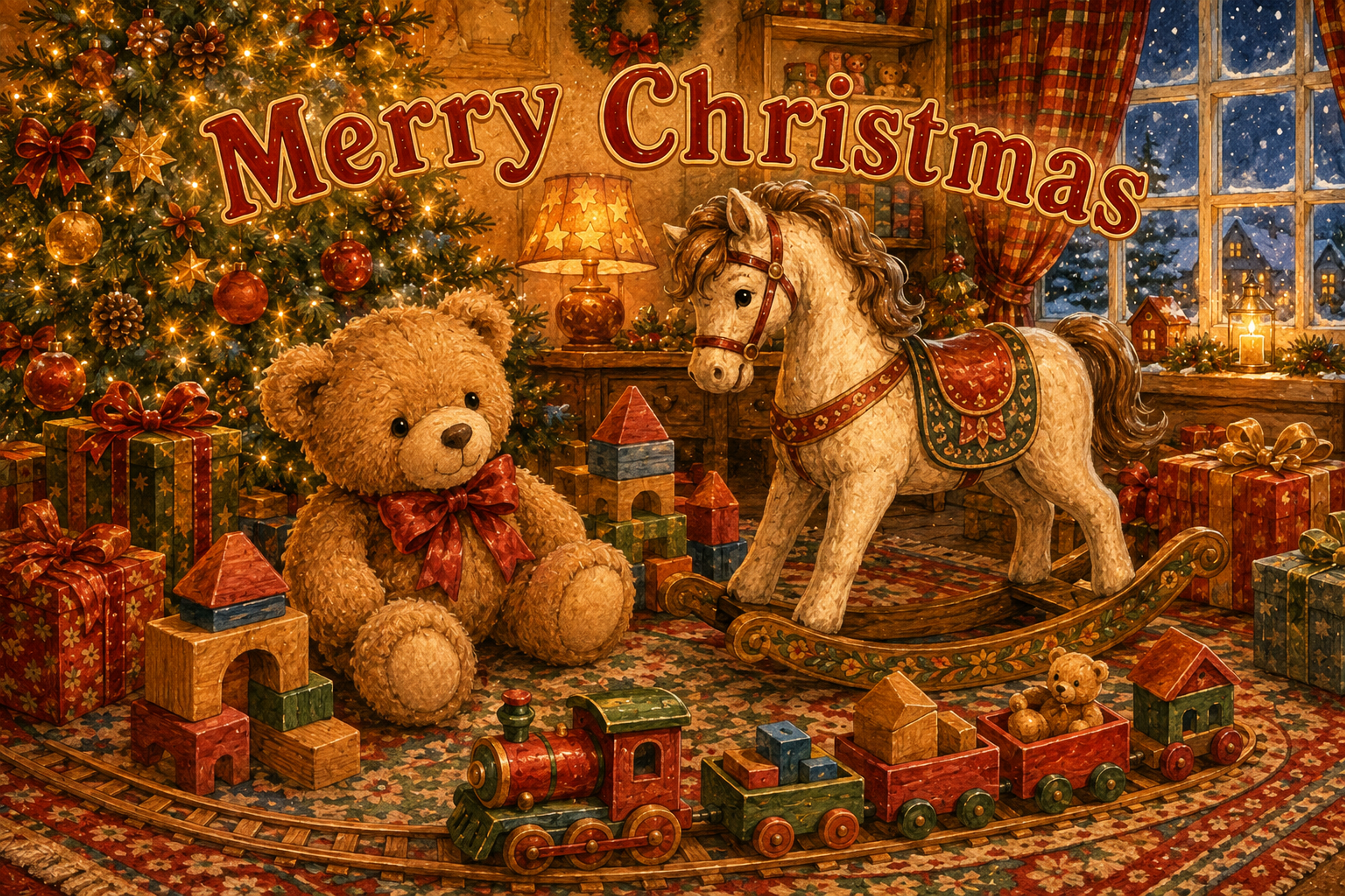 ツリーと木馬・テディベア｜かわいいクリスマスメッセージカードの無料イラスト96444に写真・文字を入れる