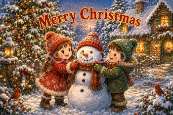 雪だるま作りと子ども｜かわいいクリスマスメッセージカードの無料イラスト96445