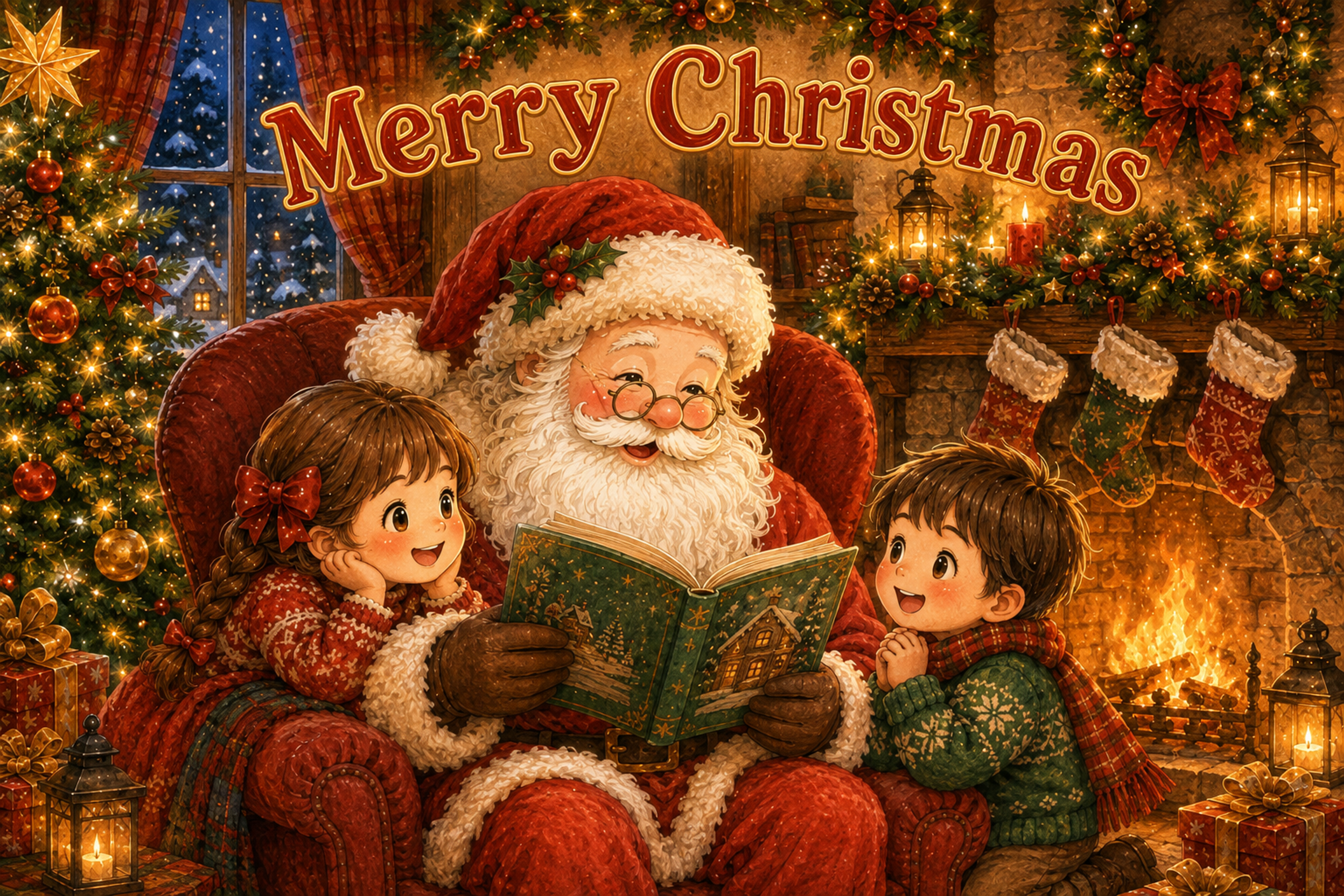 サンタの絵本読み聞かせ｜かわいいクリスマスメッセージカードの無料イラスト96446に写真・文字を入れる