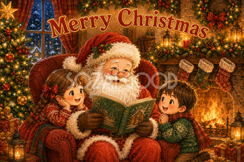 サンタの絵本読み聞かせ｜かわいいクリスマスメッセージカードの無料イラスト96446