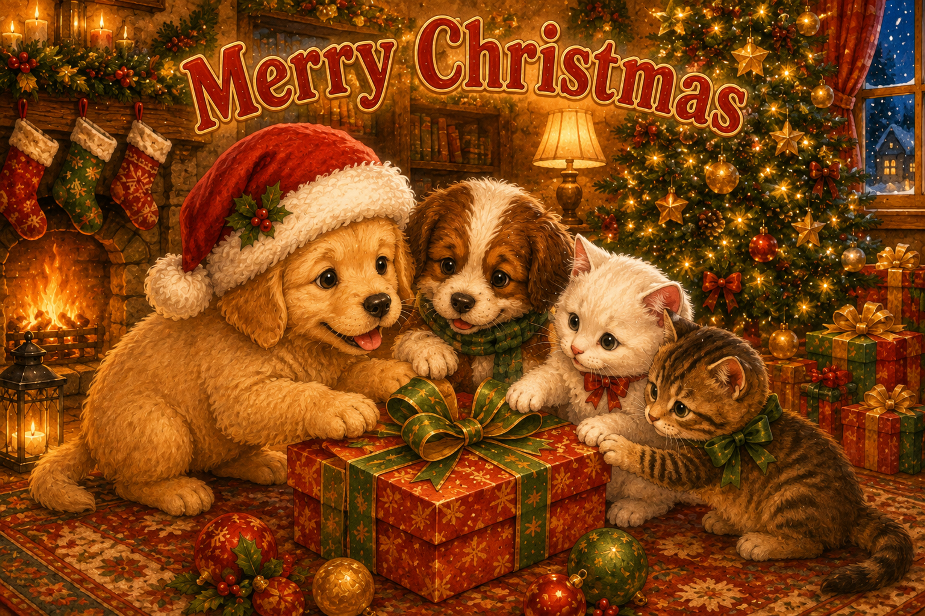 子犬と子猫の贈り物｜かわいいクリスマスメッセージカードの無料イラスト96447に写真・文字を入れる