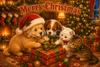 子犬と子猫の贈り物｜かわいいクリスマスメッセージカードの無料イラスト96447