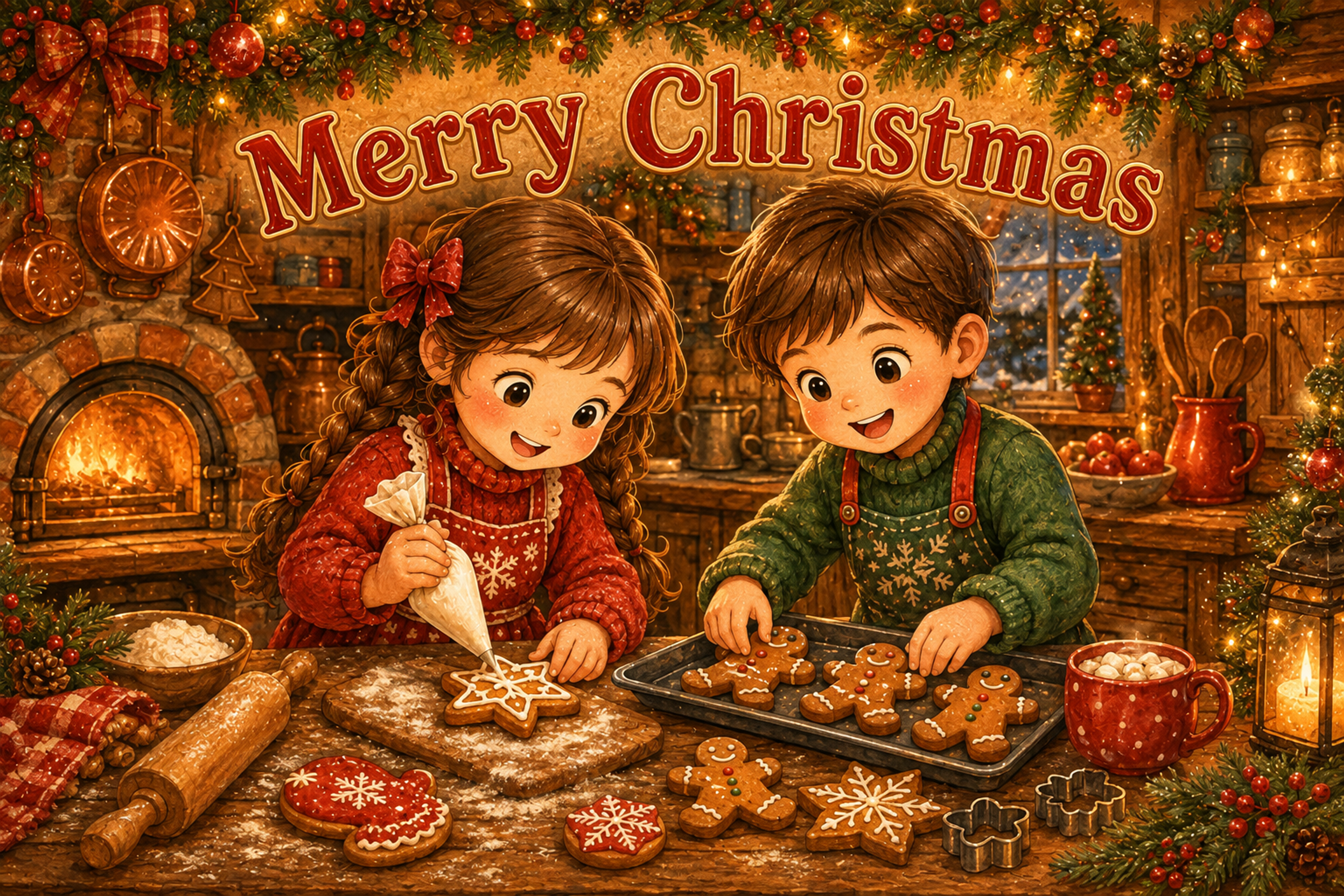 子どものクッキー作り｜かわいいクリスマスメッセージカードの無料イラスト96448に写真・文字を入れる