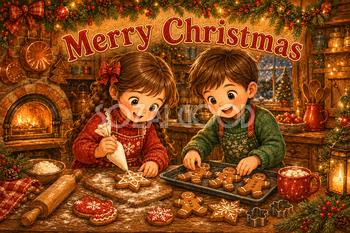子どものクッキー作り｜かわいいクリスマスメッセージカードの無料イラスト96448