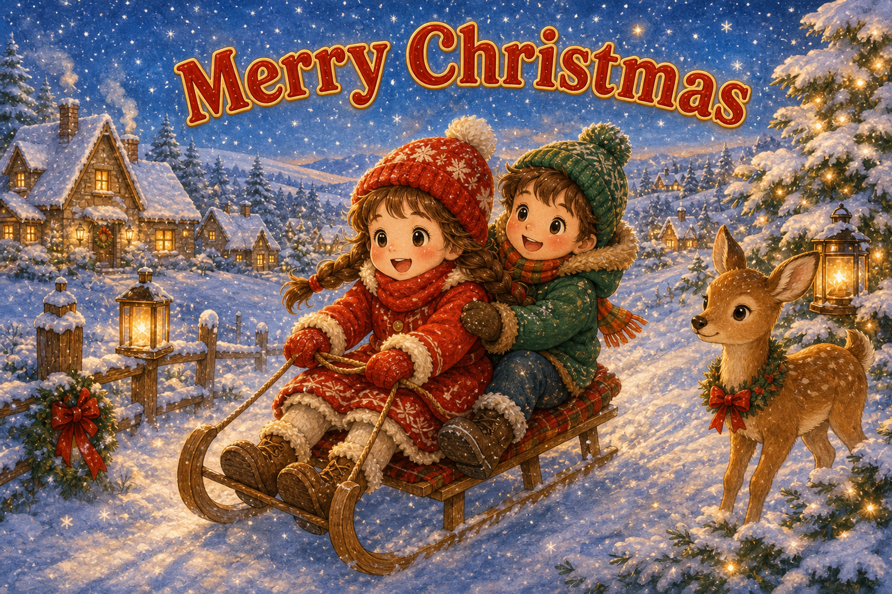 そり遊びをする子どもと小鹿｜かわいいクリスマスメッセージカードの無料イラスト96450に写真・文字を入れる