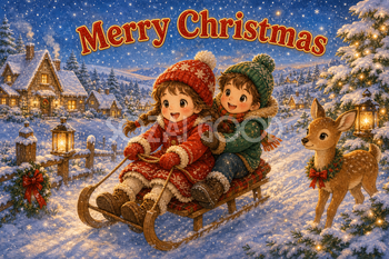 そり遊びをする子どもと小鹿｜かわいいクリスマスメッセージカードの無料イラスト96450