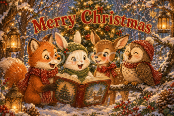 キツネ・うさぎ・小鹿・フクロウの合唱｜かわいいクリスマスメッセージカードの無料イラスト96452