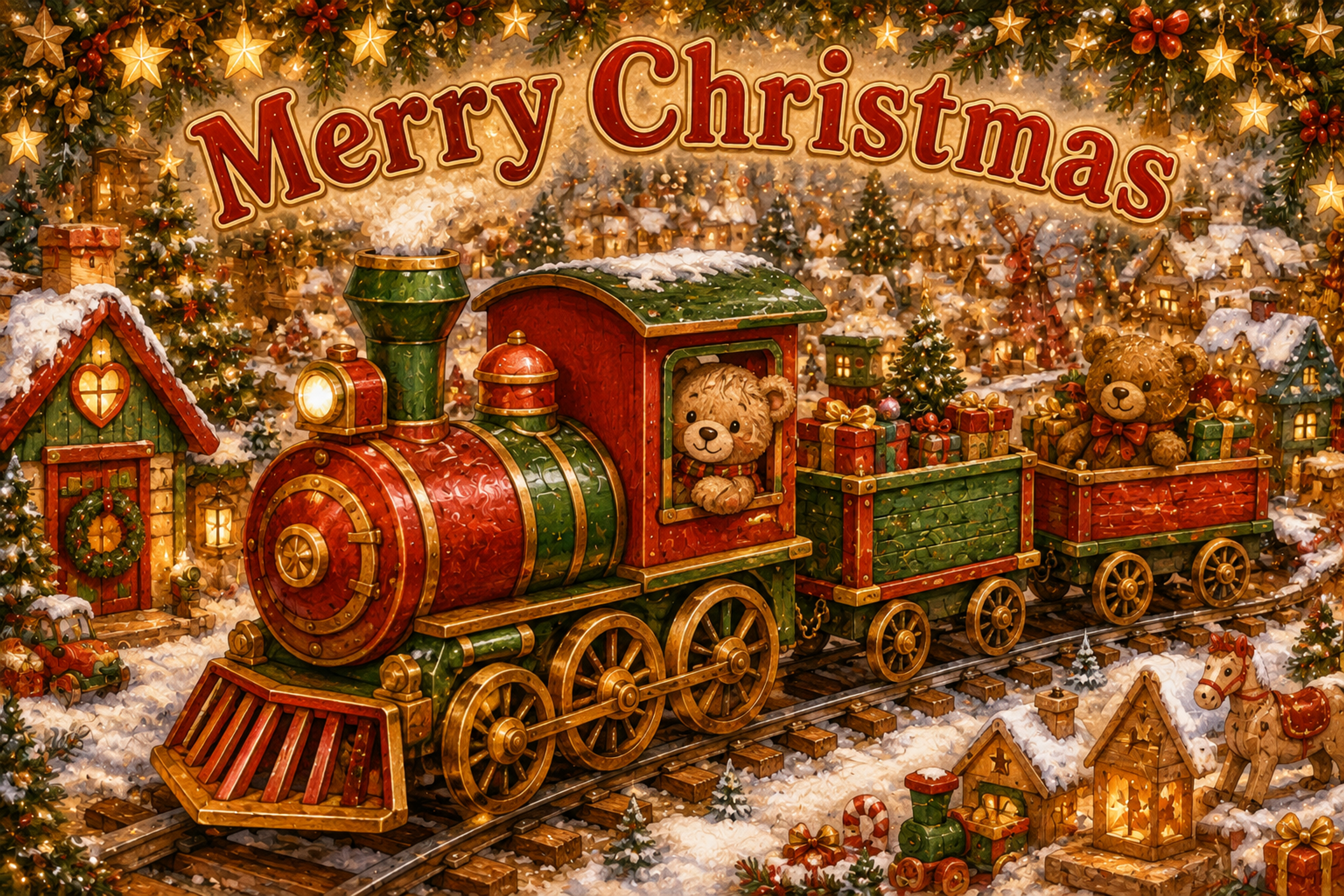 テディベアとプレゼントの汽車｜かわいいクリスマスメッセージカードの無料イラスト96454に写真・文字を入れる