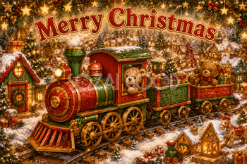 テディベアとプレゼントの汽車｜かわいいクリスマスメッセージカードの無料イラスト96454