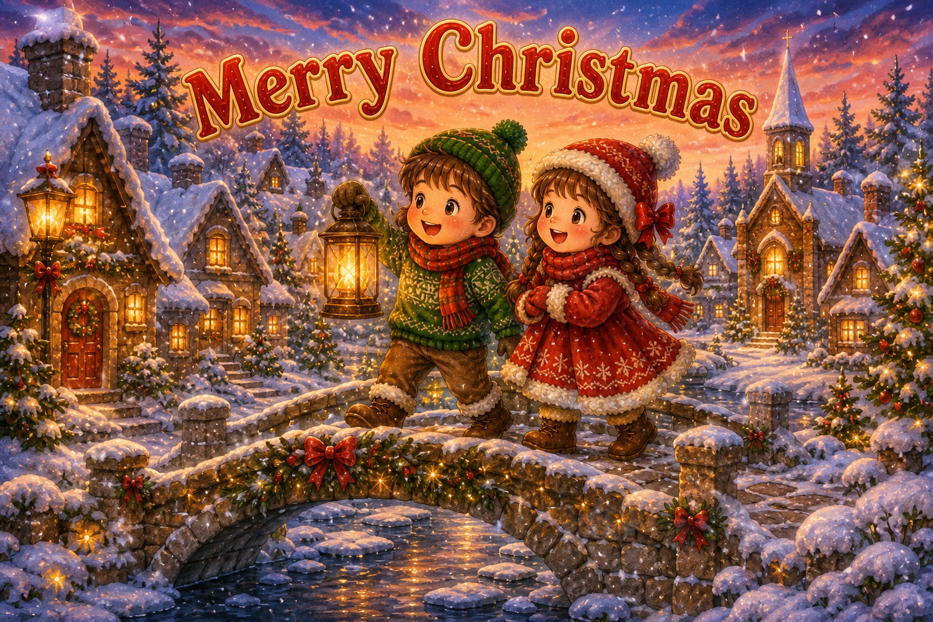 雪の村とランタンを持つ子ども｜かわいいクリスマスメッセージカードの無料イラスト96455に写真・文字を入れる