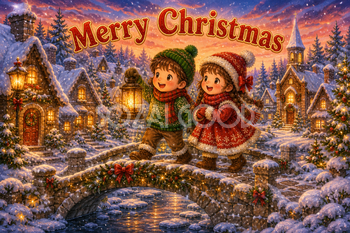 雪の村とランタンを持つ子ども｜かわいいクリスマスメッセージカードの無料イラスト96455