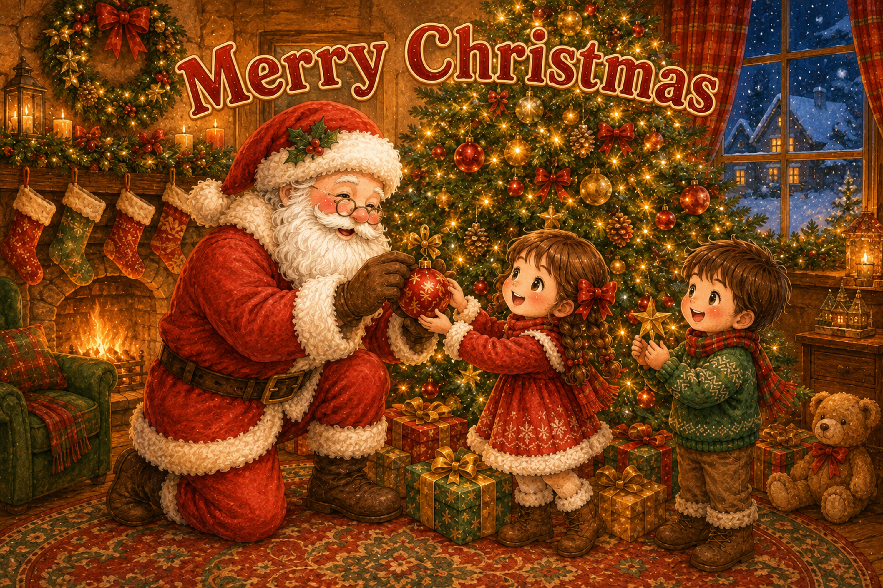 サンタと子どものツリー飾り｜かわいいクリスマスメッセージカードの無料イラスト96456に写真・文字を入れる
