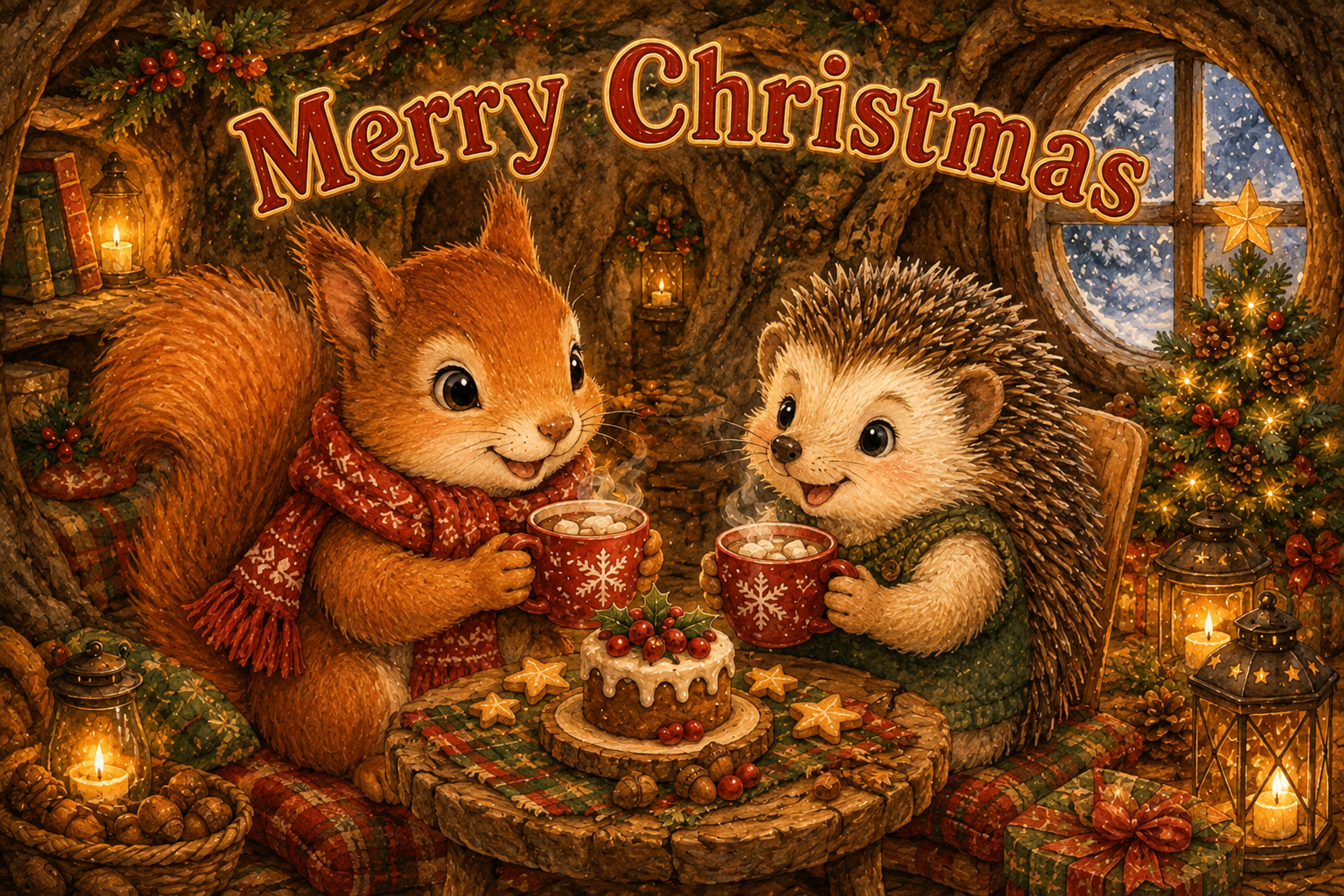 リスとハリネズミのお茶会｜かわいいクリスマスメッセージカードの無料イラスト96457に写真・文字を入れる