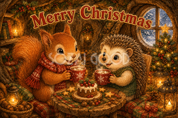 リスとハリネズミのお茶会｜かわいいクリスマスメッセージカードの無料イラスト96457